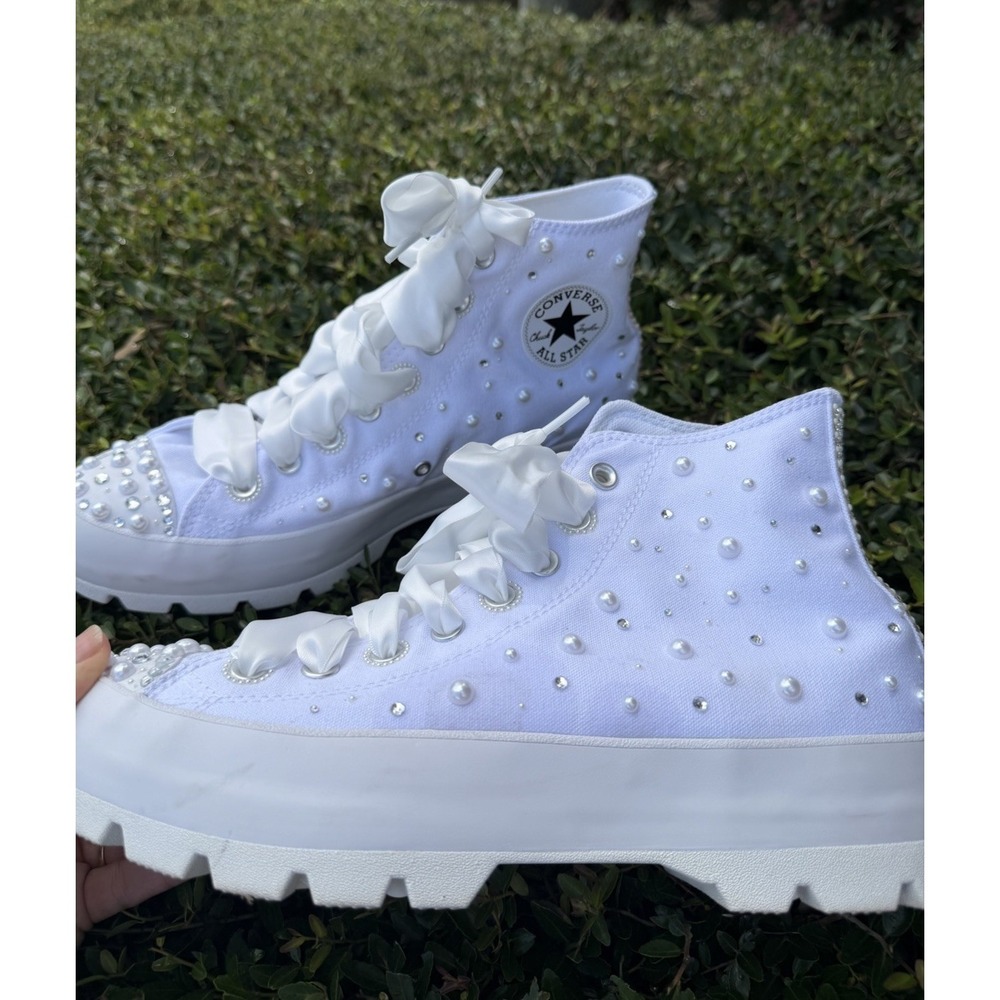 Converse White Wedding Platform Pearl Bedazzled Lace Hi-Top Sneakers Bride Sz 11